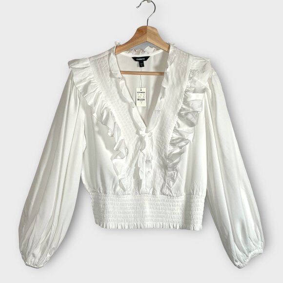 EXPRESS V-Neck Popover Blouse MEDIUM White Ruffles Romantic Parisian Style NEW - Picture 1 of 7